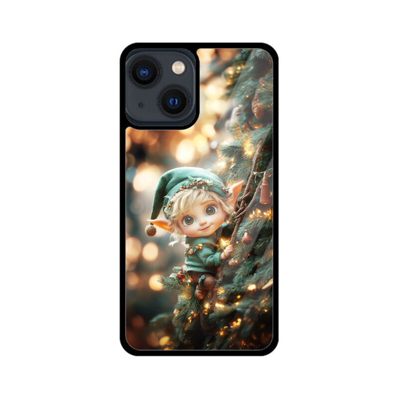 Cute elf climbing the Christmas tree