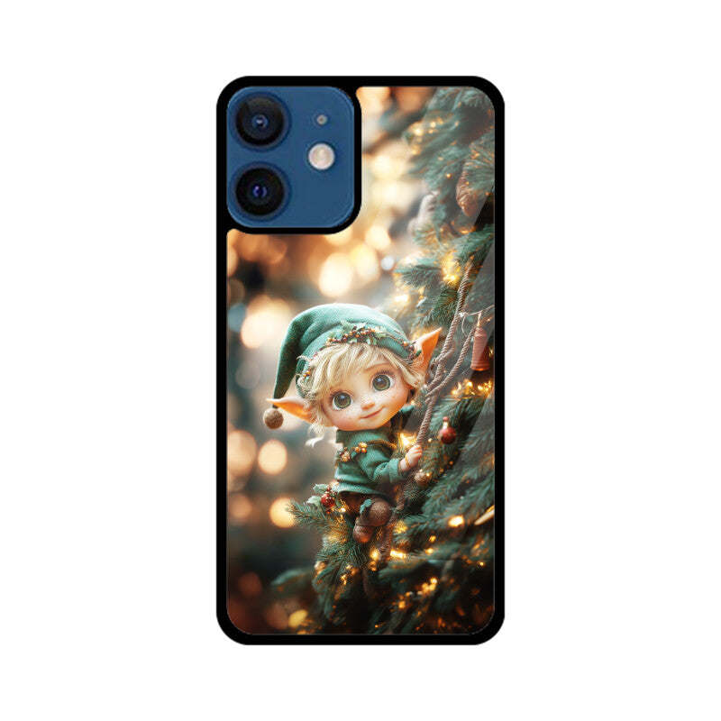 Cute elf climbing the Christmas tree
