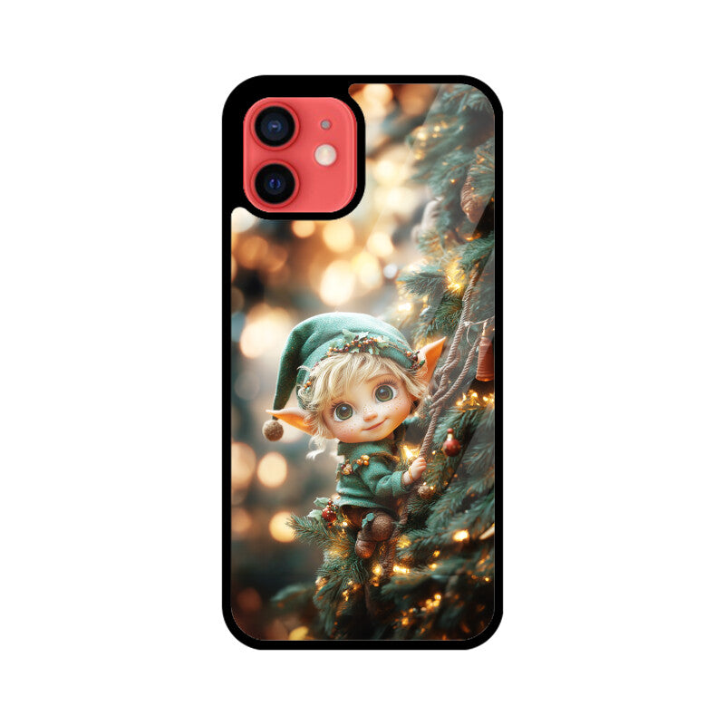 Cute elf climbing the Christmas tree