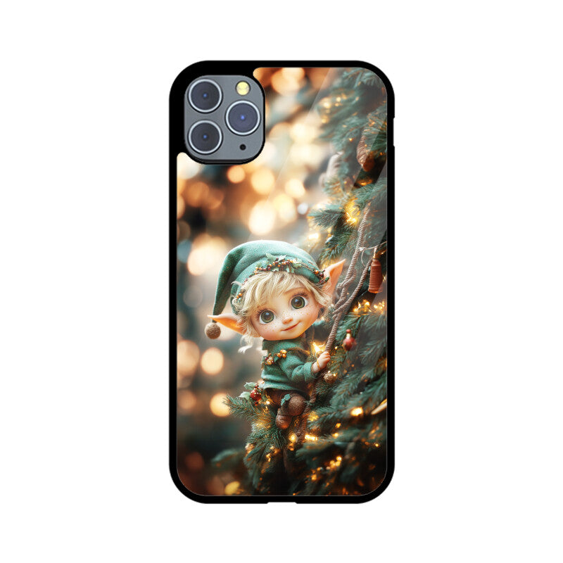 Cute elf climbing the Christmas tree