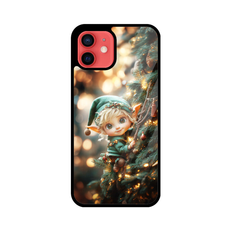 Cute elf climbing the Christmas tree