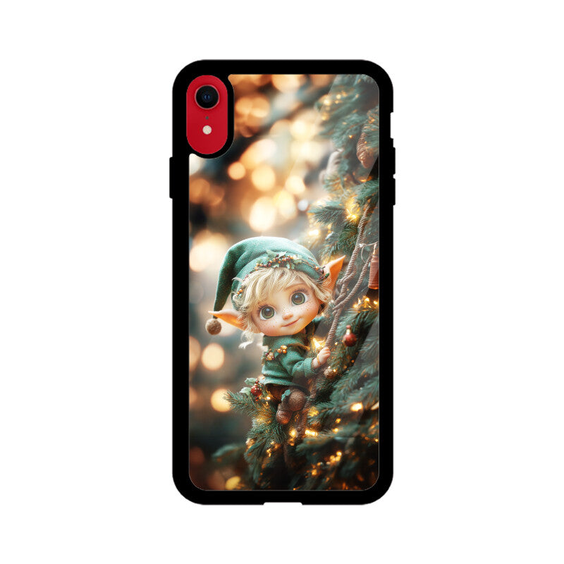 Cute elf climbing the Christmas tree