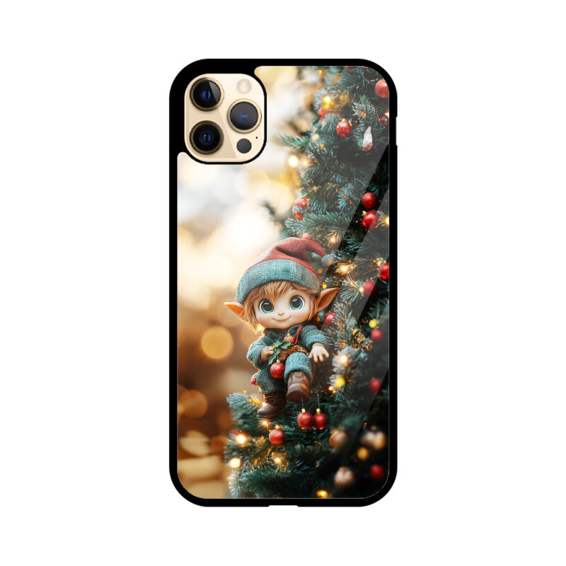 Adorable elf riding down the Christmas tree