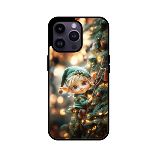 Cute elf climbing the Christmas tree