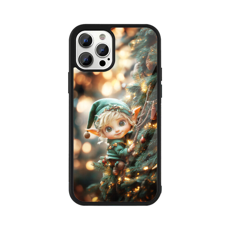 Cute elf climbing the Christmas tree